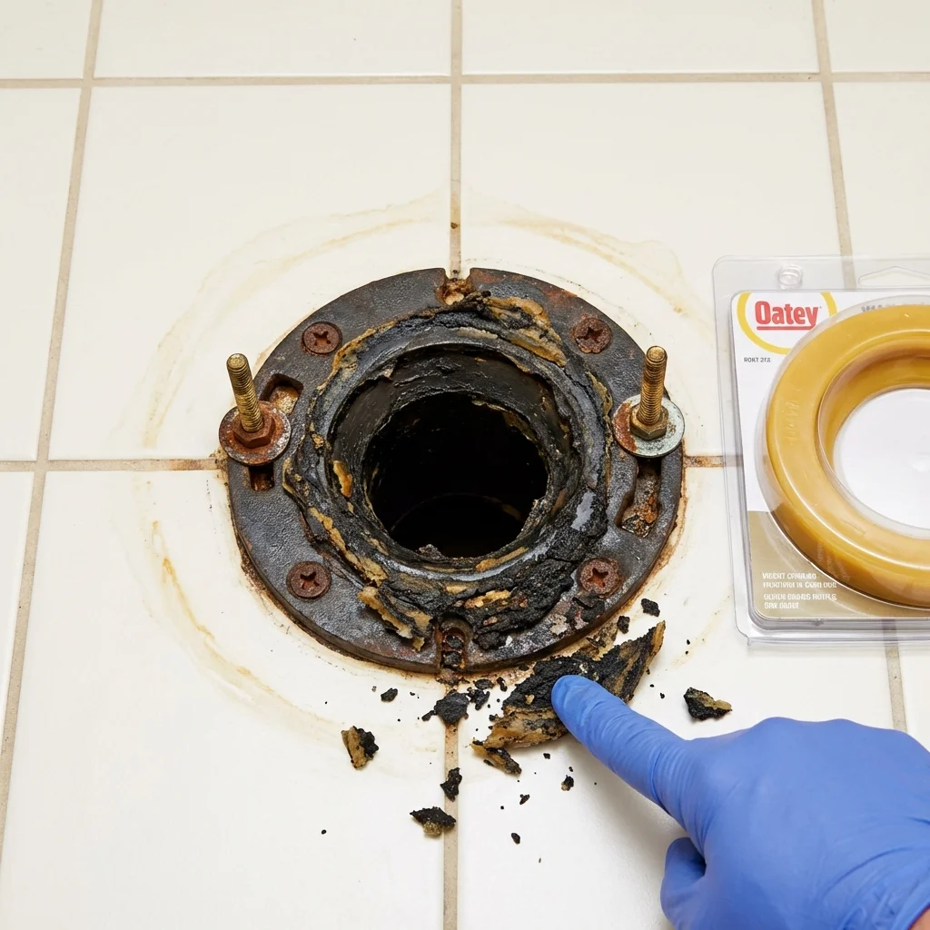 Failed wax ring showing water seepage at the base of a toilet in a Santa Rosa, TX home