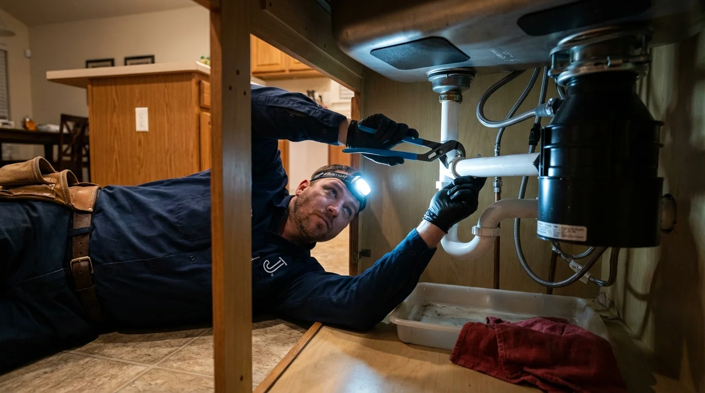 P-trap and supply line connections under a kitchen sink showing a common leak point in Santa Rosa, TX